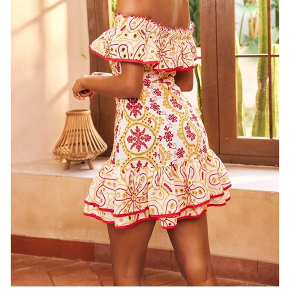 NWT Printed Embroidered Off-shoulder Mini Dress - Picture 4 of 11